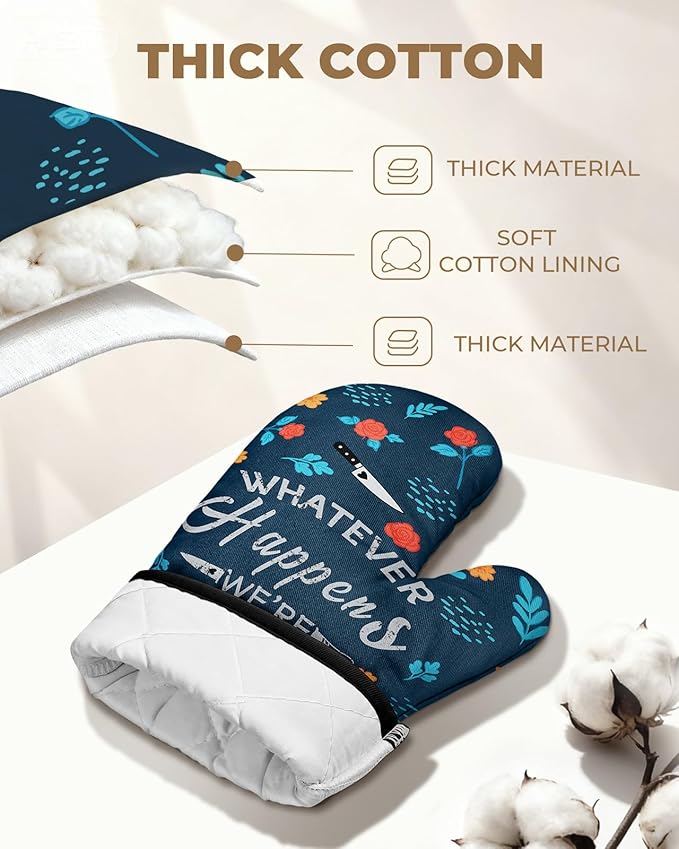 Slohif Funny Oven Mitt Heat Resistant for Women - 2 Pack Blue Cute Novelty Cool Kitchen Oven Mittens with 100% Cotton for Baking and Cooking Accessories