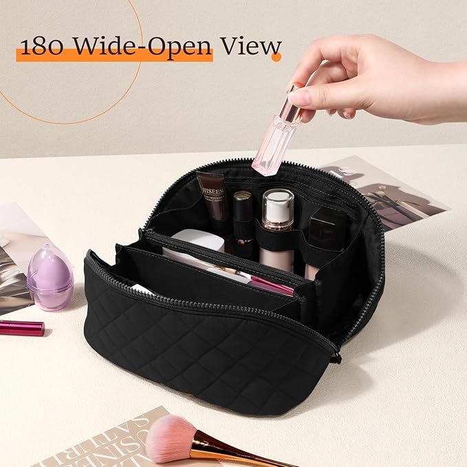 Makeup Bag for Women, Wide Open Lay-Flat Water-Resistant Cosmetic Case, Festivalment Makeup Bag, Spacious 180° Open Cosmetic Organizer for Toiletries & Brushes Large Capacity with Compartments (Black)