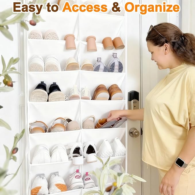 UVIAHOMI 30 Pairs Over the Door Shoe Organizer, Clear Pockets Hanging Shoe Storage for Closet, 10-Tier Door Shoes Rack Storage, Handing Shoes Holder Fit All the Family's Sneakers, Boots, Heels, White