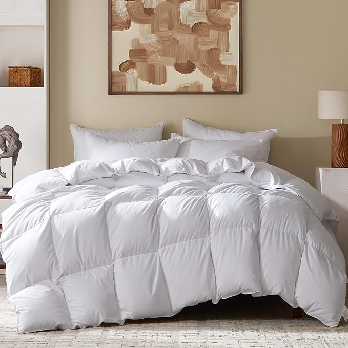 Three Geese Queen Size Goose Feather Down Fiber Comforter - Ultral Soft All-Season Down Duvet Insert Fluffy Baffle Box Design with 8 Corner Loops for Warmth and Softness.