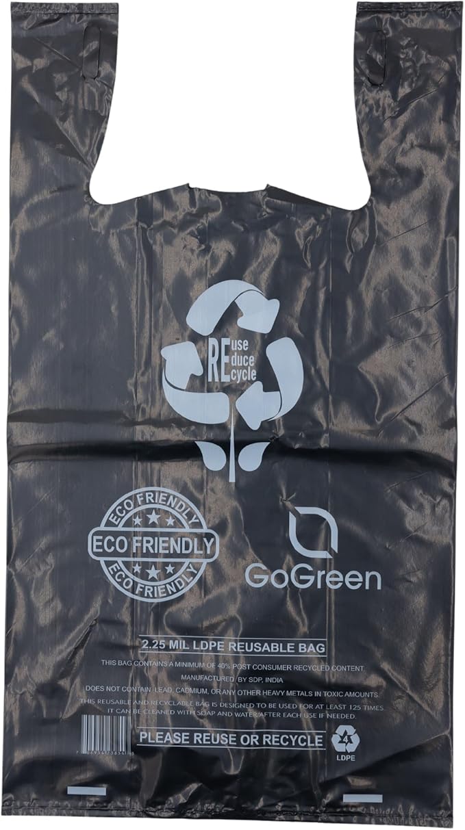 ASSUREPAK Black Reusable/Eco-Friendly LDPE T-Shirt - 1/6 BBL 11.5"X6.5"X21" - 200 Bags - 57 Micron (2.25 mil) - Black - BLKLD40REC225REUSE1221