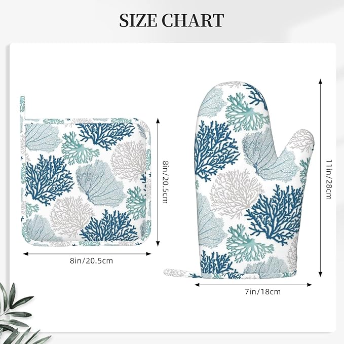 Nautical Blue Coral Oven Mitts and Pot Holders Set, 4pcs Silicone Coastal Teal Beige Coral Oven Glove for Kitchen Heat Resistant Beach Ocean Oven Mitts and Non-Slip Potholders Grey Blue