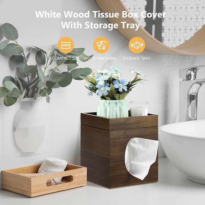 Tissue Box Cover, Brown Tissue Box Cover with Storage Tray Square Tissue Box Covers Holder for Bathroom, Bedroom, Dinner Table, Office, Tabletop 6" x 6" x 7.4"