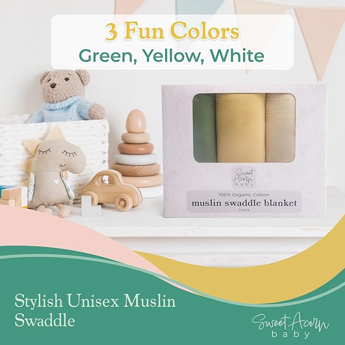 Sweet Acorn Muslin Swaddle Blanket – Soft Cotton Muslin Baby Blanket for Newborns, Infants, and Toddlers, All-Season Comfort Baby Essential - Green, Yellow, White