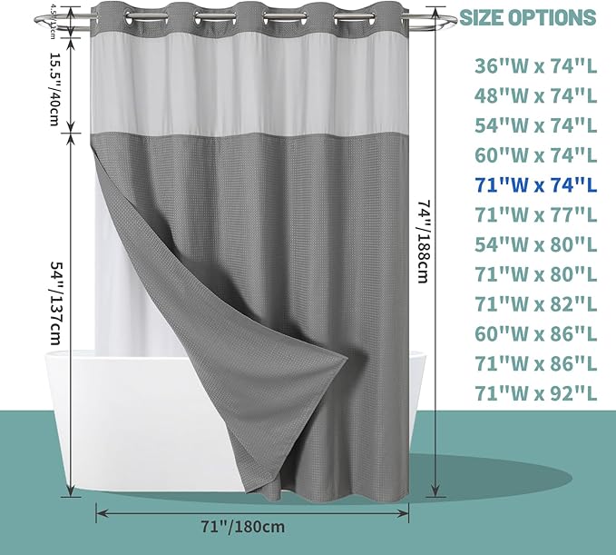 eachope Grey No Hook Waffle Weave Shower Curtain with snap-in Liner Replacement, 230GSM Waterproof Fabric Hotel Shower Curtain Set for Bathroom, Through Mesh Top Window,71Wx74H