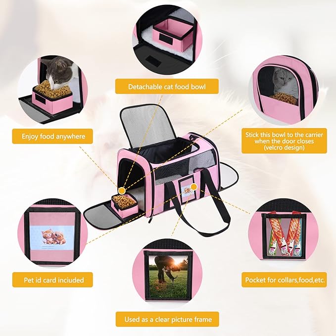 Seclato Cat Carrier Pet Carriers Airline Approved for Small Dogs Kitten Carriers for Small Medium Cats Under 15lb, Collapsible Soft Sided TSA Approved Travel Carrier, Pink