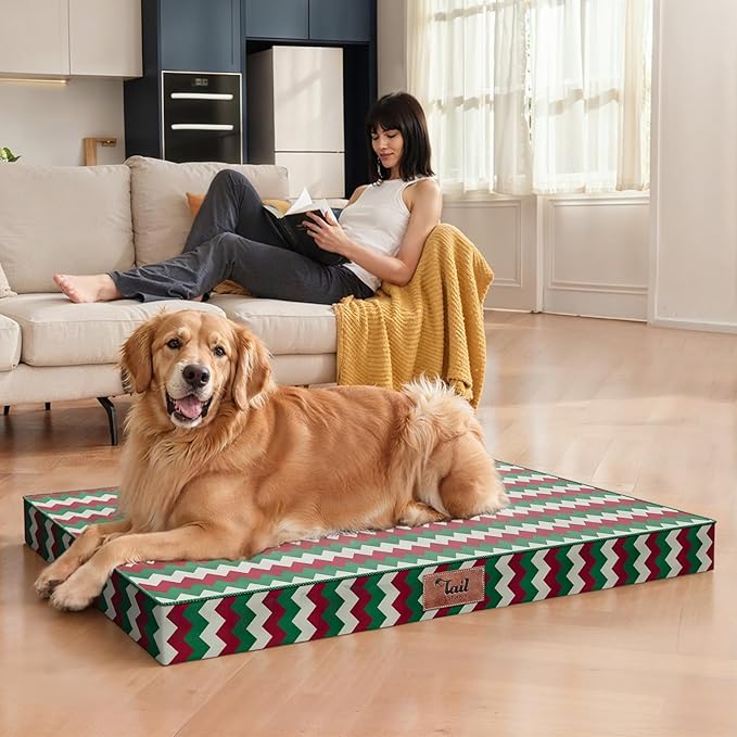 Tail Stories Orthopedic Dog Bed for Large Dogs, Big Waterproof Dog Bed Washable Pet Bed for Large Sized Dogs with Egg Crate Foam Pet Bed Mat, Removable Oxford Cooling Cover, Stripe