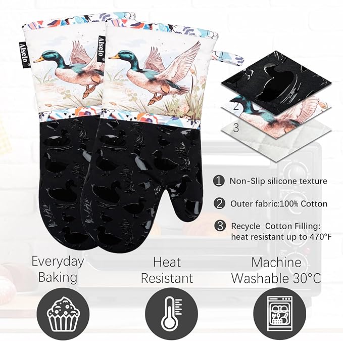 Oven Mitts, Heat Resistant with Soft Quilted Cotton Lining Set of 2, Fashion Duck Design with Silicone Printing Anti-Slip Kitchen Gloves for Safe Backing Cooking Barbecue (Darkgray, Duck)