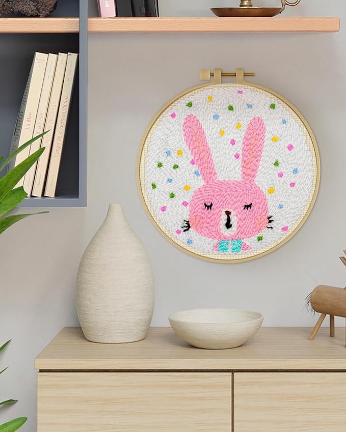 ERKOON Punch Needle Kit Adults Beginners, DIY Easy Animals Embroidery Set for Starter Art Craft, Needling Punch Project with Patterns, Tools, Yarns, Hoop, Instruction (Rabbit)