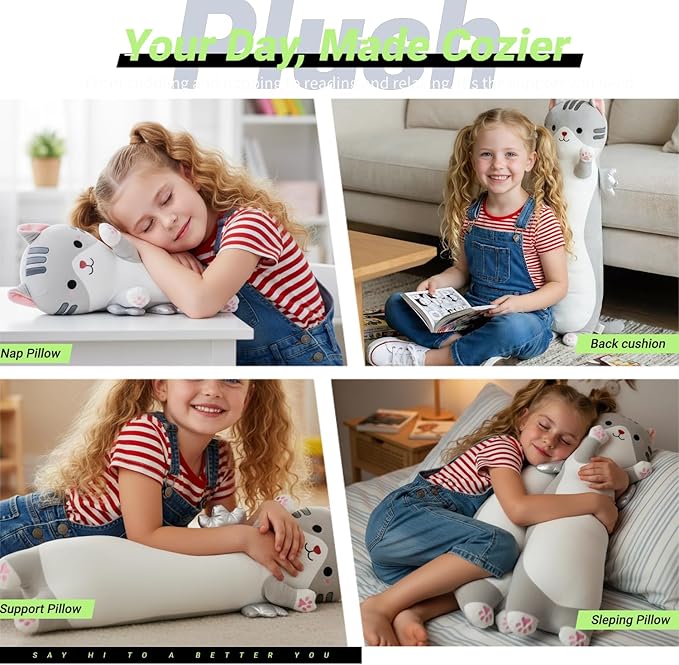 Long Cat Plush Pillow, Cute Cat Stuffed Animal Body Pillow with Wings, Soft Kawaii Kitty Hugging Pillow, Christmas Valentine's Birthday Gift for Kids Girls Boys (Gray, 60cm/23.62in)