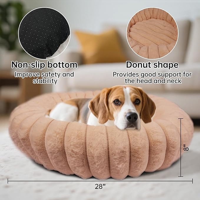 Vhen When Donut Dog and Cat Bed, Luxurious Comfortable Faux Rabbit Fur Pet Beds, Round Anti-Anxiety Calming Puppy Kitten Bed with Anti-Slip Bottom for Small Medium Dogs & Cats(28", Brown)