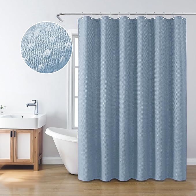 Inhousolu Fabric Shower Curtain Waffle Weave, Fog Blue 230 GSM Heavy Duty, Weighted Hem, 8 Metal Hooks, Water Repellent, Machine Washable, Hotel Spa Luxury Bath Curtain Set, 36 x 72 Inch