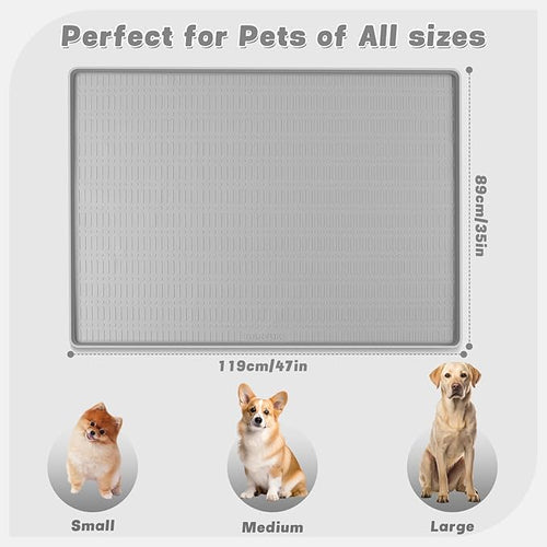 47" x 35" Silicone Dog Food Mat, Waterproof Pet Feeding Mat with Raised Edge, Extra Large Dog Bowl Mat Non-Slip Water Bowl Placemats for Dogs, Protects Floors, Easy to Clean (Light Gray)
