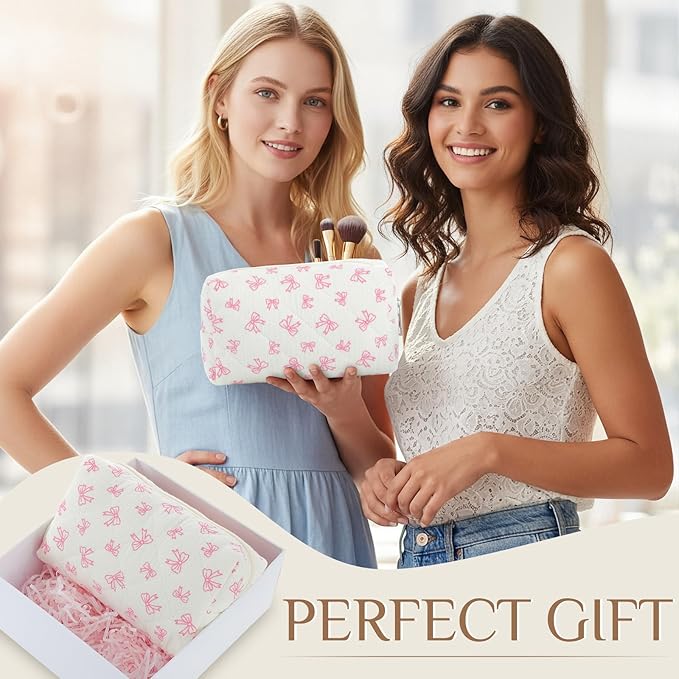 Paterr 6 Pcs Quilted Makeup Bag Bulk for Women Girls Birthday Valentine's Day Bridesmaid Gifts Cute Cotton Cosmetic Pouch Bow Floral Coquette Aesthetic Travel Toiletry Bag(Little Bow,White)