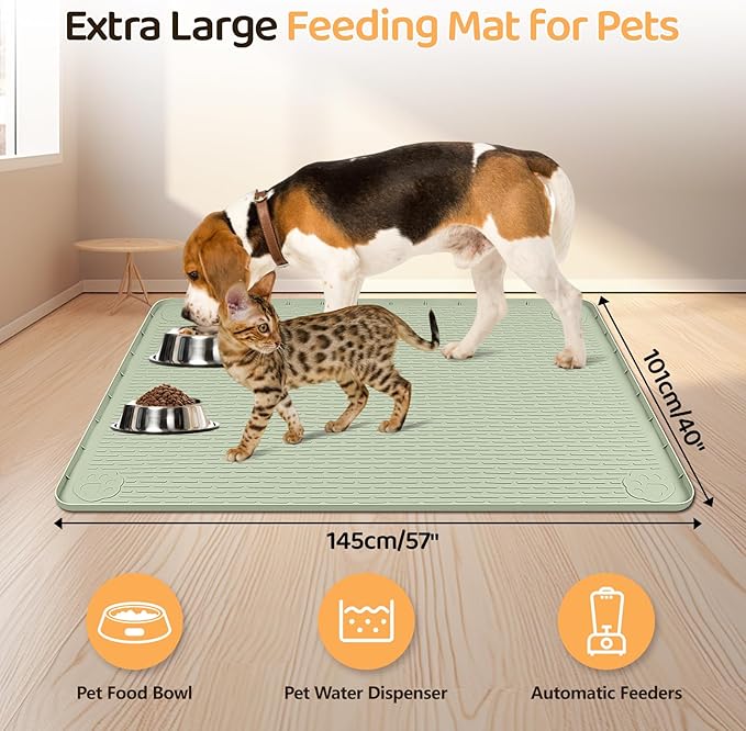 Bartuke Dog Food Mat, Extra Large 57" x 40" Silicone Pet Feeding Mat with Raised Edge Pet Placemat for Small, Medium, and Large Pets Non-Slip, Easy to Clean (Green)