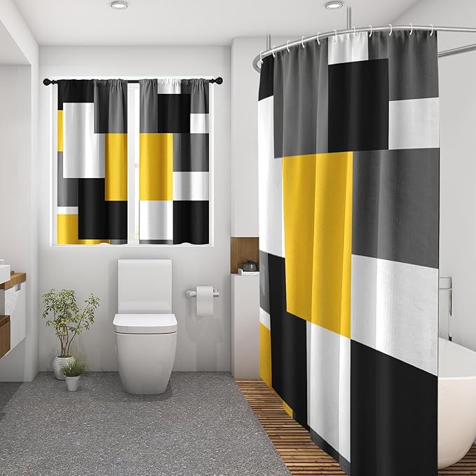 Culudea Geometric Yellow White Shower Curtain Set, Black and Gray Modern Bathroom Window Waterproof Shower Curtain Set for Bathroom Decor