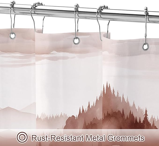 Litabel Burgundy Misty Pine Forest Shower Curtain, Mountain Foggy Woodland Scenery Tree Shower Curtains for Chic Rustic Bathroom, Abstract Modern Waterproof Nature-Themed Decor, 72x72 Inches