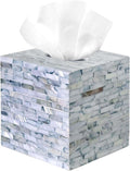 PEMAR Handcrafted Wooden Tissue Box Cover for Small Cube Tissue Boxes Only (Max Inner Size 4.7”) – Mother of Pearl Inlay Decorative Tissue Holder for Bathroom, Living Room & Office (Blue)
