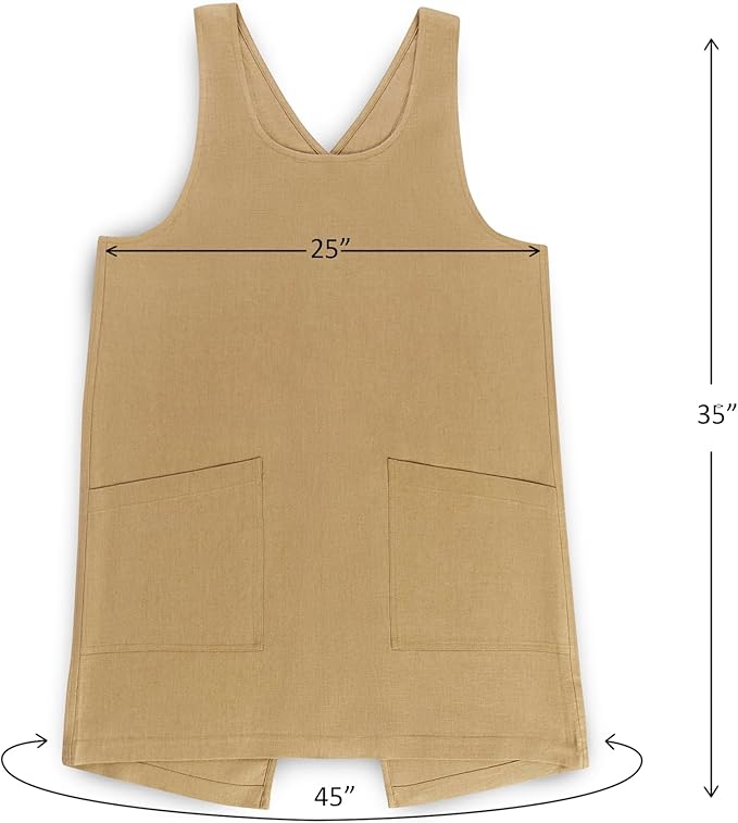 Solino Home Cross Back Linen Apron with Pockets for Gardening, Kitchen - Kelp Pinafore Smock Apron 100% Pure Linen for Men & Women - Handcrafted from European Flax