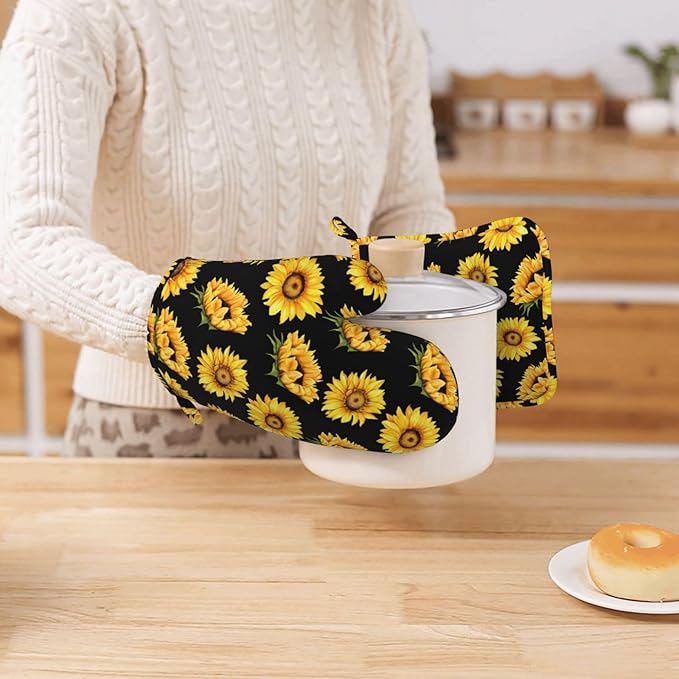 Sunflower Oven Mitts and Pot Holders Sets, Home Silicone Heat Resistant BBQ Gloves for Kitchen Baking Cooking Grilling Microwave