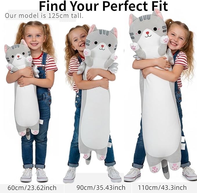 Kekeso Long Cat Plush Pillow, Cute Cat Stuffed Animal Body Pillow with Wings, Soft Kawaii Kitty Hugging Pillow, Christmas Valentine's Birthday Gift for Kids Girls Boys (Gray, 110cm/43.31in)