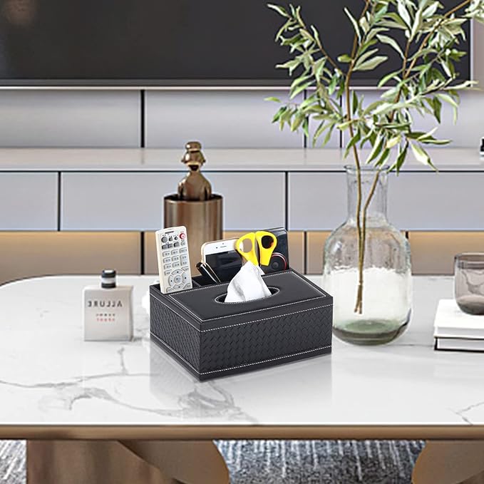 XNONE Tissue Box Cover Rectangle Black Tissue Box Holder PU Leather Facial Tissue Organizer,Multifunctional Remote Control Stationery Storage Box,Home Office Supplies Car Napkin Caddy