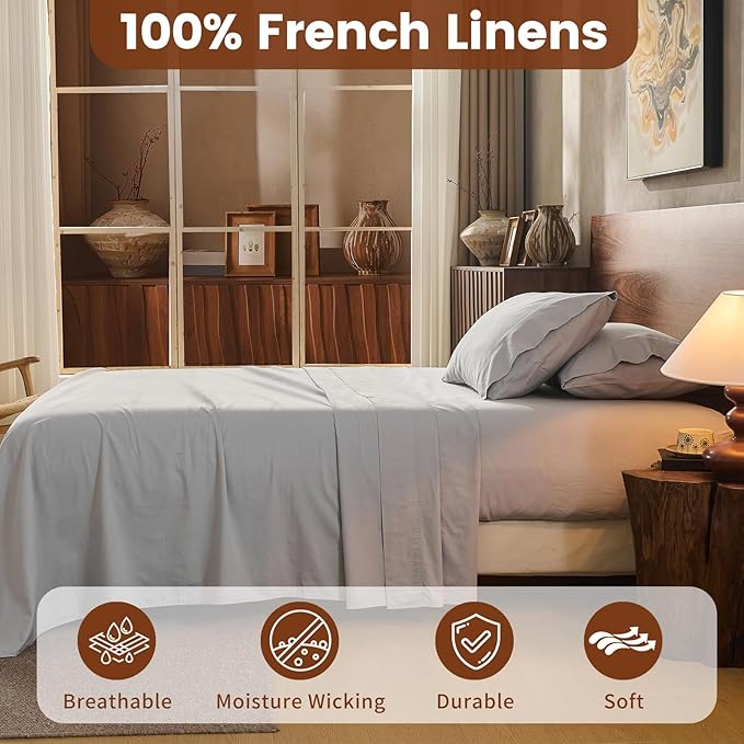 100% Linen Sheets California King Size,Breathable & Durable 4-Piece Bed Flax Sheet Set,Soft All-Season Bedding for Hot Sleepers 16" Deep Pocket Oeko-TEX Certified,（Cal King, Grey）