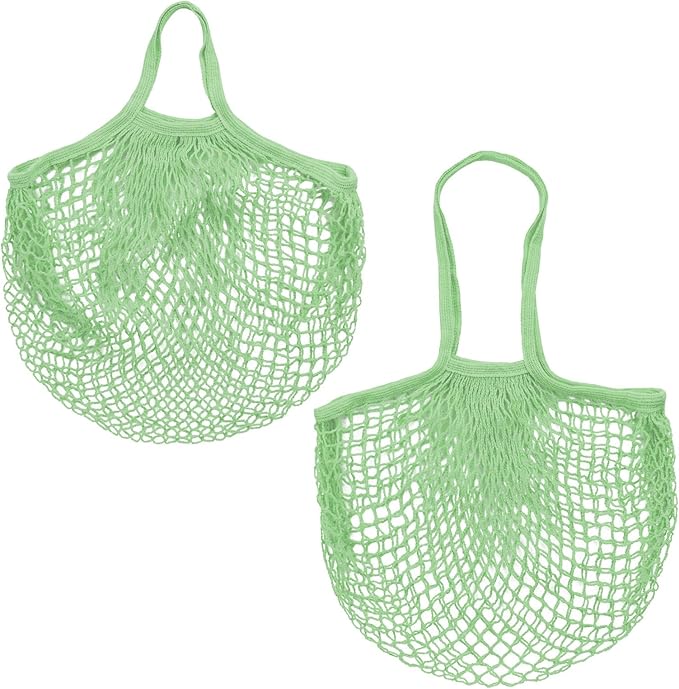 M METERXITY 2-Pack Cotton Mesh Bag, Reusable Washable Mesh Net String Grocery Bags, Reusable Produce Bags with Handle, Net Tote Bag for Fruits/Vegetables Shopping [Avocado, Long&Short Handle]