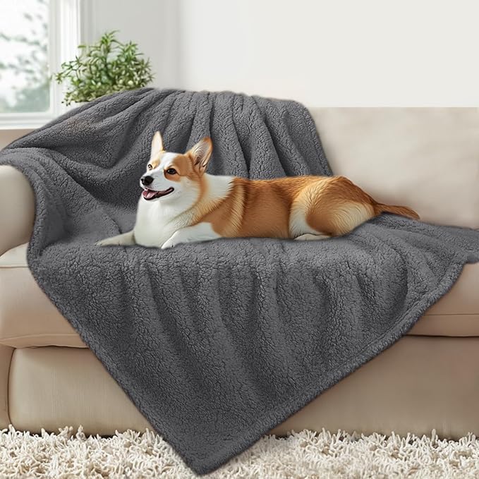 Luciphia Waterproof Pet Blanket for Medium Large Dogs Soft Cat Sherpa Calming Thick Cover Leakproof Cozy Puppy Sofa Bed Car Couch Protector(Grey,63x50 inches)