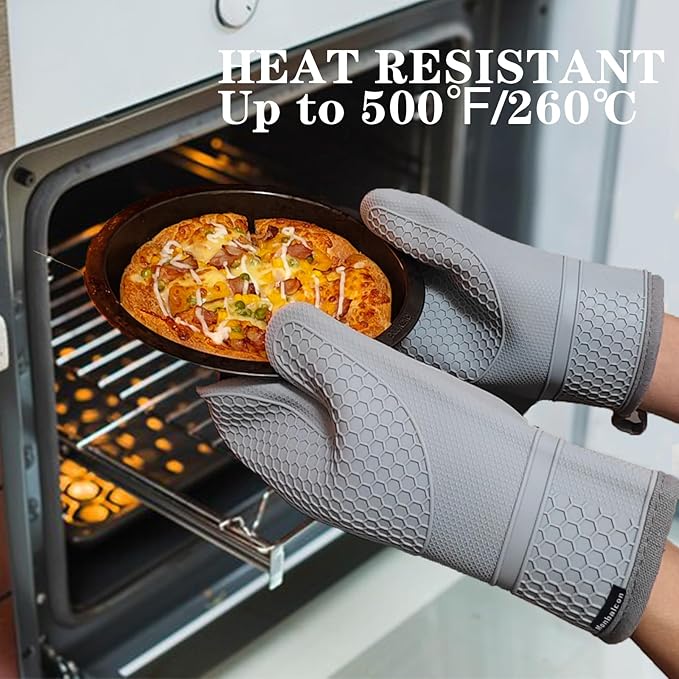 Silicone Oven Mitts Heat Resistant to 500ºF Kitchen Gloves Oven Gloves Silicone Oven Mitt Pair Oven Mitts Set Thickened Waterproof Mittens for Women Men Kitchen Home, 1 Pair (Grey)