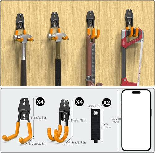 3-H Garage Wall Hooks 10 Pack, Heavy Duty Garage Hooks with Extra Welding Spots, Wall Mount Storage Organizer for Hanging Garden Lawn Tools, Chair, Shovel, Blower, Toolkit (Orange)