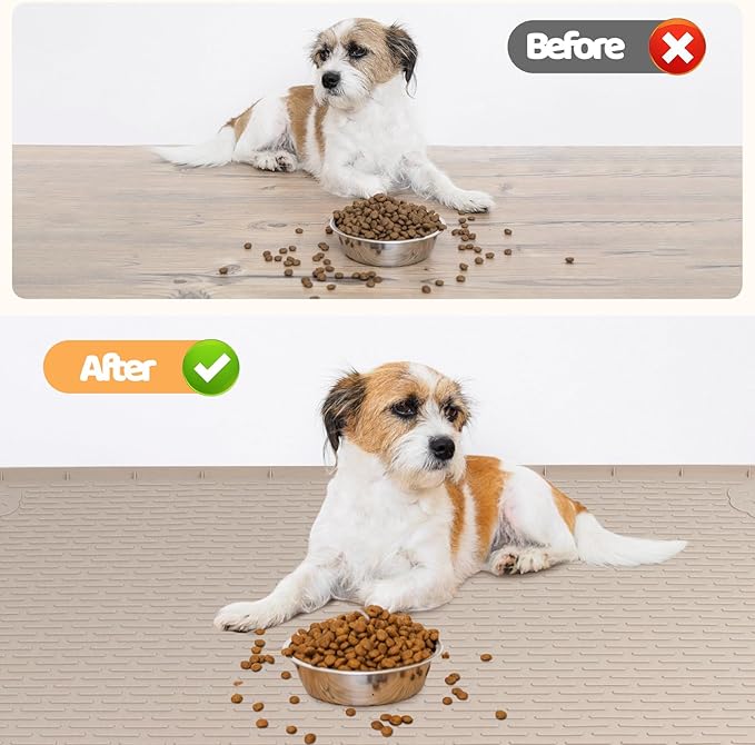 Bartuke Dog Food Mat, Extra Large 50" x 35" Silicone Pet Feeding Mat with Raised Edge Pet Placemat for Small, Medium, and Large Pets Non-Slip, Easy to Clean (Khaki)