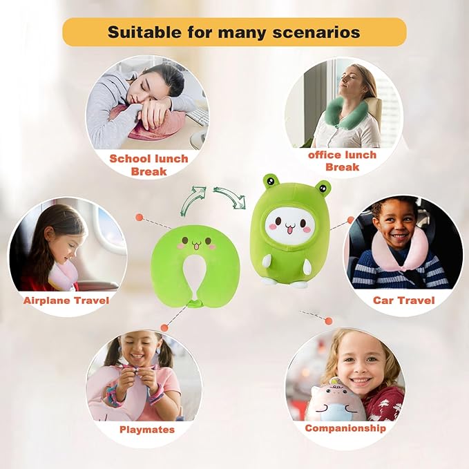 stocaggio Kids Travel Pillow - 2-in-1 Deformable Kids Neck Pillow for Traveling, Soft U-Shaped Pillow with Adorable Animal Design, Comfy Sleep and Play, Ideal for Airplanes and Traveling (Green Frog)