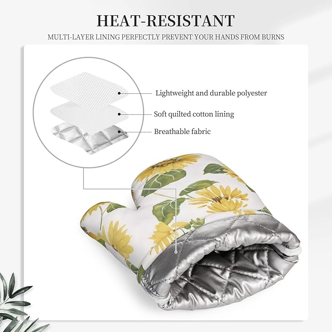 Silicone Oven Mitts and Pot Holders Sets, Home Sunflower Floral Heat Resistant BBQ Gloves for Kitchen Baking Cooking Grilling Microwave