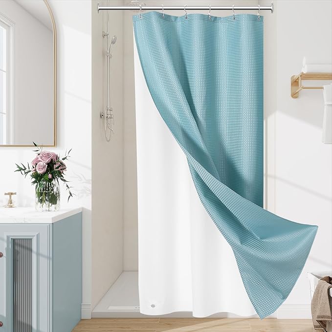 Craidlela 3 in 1 Stall Half Size Shower Curtain Set-36 W x 72 H, Teal Blue Waffle Waterproof Fabric and PEVA Liner Set with Stainless Steel Hooks