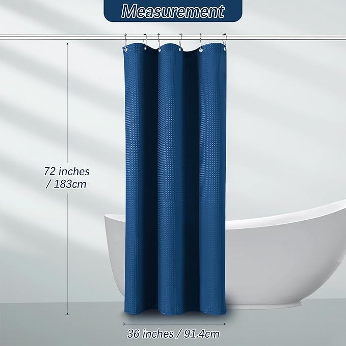 PANGSINNE Classic Blue Stall Fabric Shower Curtain - Water Repellent Waffle Textured 256GSM Heavy Duty Cloth Shower Curtains for Bath Tubs, Narrow Hotel Quality Bath Curtain Set with 6 Hooks, 36Wx72H