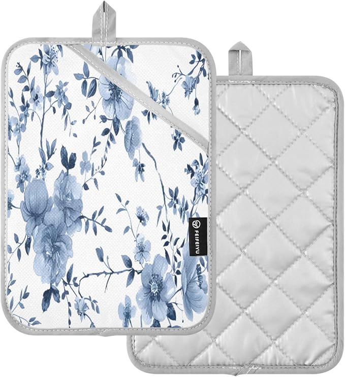 Pot Holders Set of 2 Blue Flower Hot Pads for Kitchen Heat Resistant Potholders Sets for Kitchen and Baking 7x9.8in