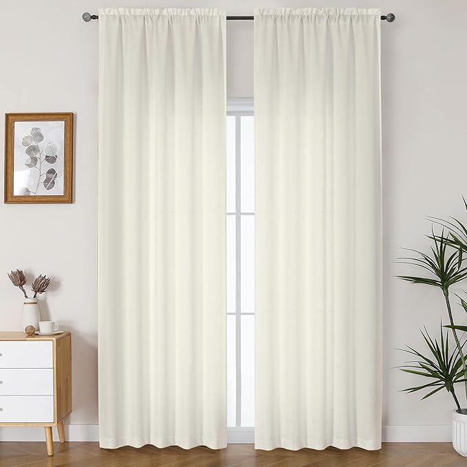 Lecloud Bessie Ivory Curtains 96 Inches Long 2 Panels, Rustic Light Filtering Faux Linen Curtains, Breathable Dual Rod Pocket Drapes for Bedroom Living Room Window Treatments, Each 50" W x 96" L