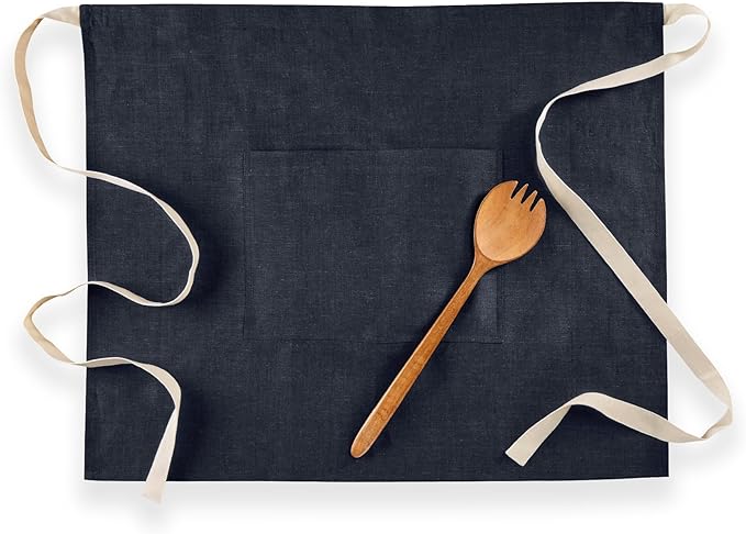 Solino Home Linen Bistro Server Apron - Extra long ties with Pockets - 100% Pure Linen Half Apron for Men and Women