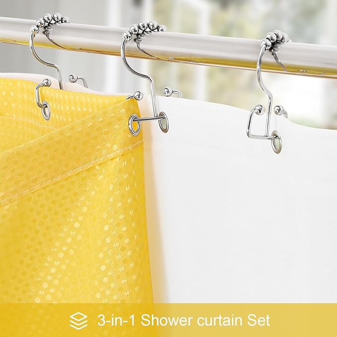 Craidlela 3 in 1 Long Yellow Shower Curtain Set-72 W x 78 H, Modern Waffle and PEVA Liner Set with 12 Stainless Steel Hooks, Waterproof Fabric for Bathroom