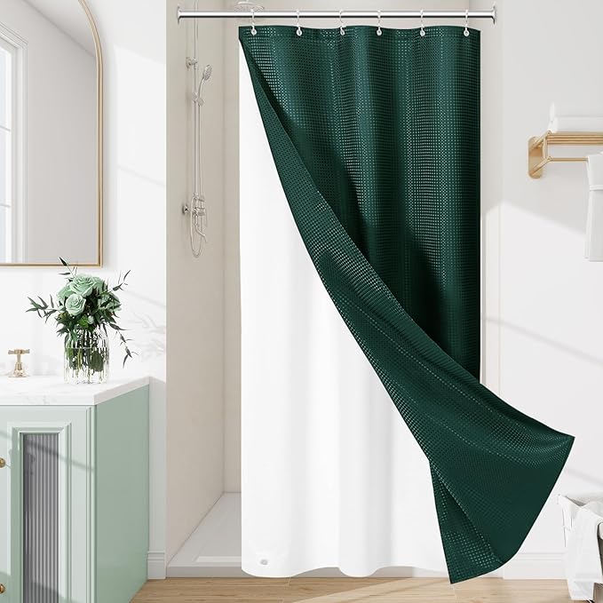 Craidlela 3 in 1 Stall Half Size Dark Green Shower Curtain Set-36 W x 72 H, Modern Waffle Waterproof Fabric and PEVA Liner Set with Stainless Steel Hooks