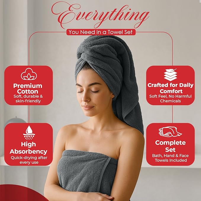 RIVERSIDE Pack of 8 Towels Set, 2 Large Bath, 2 Hand, 4 Face Washcloths, 100% Cotton Hotel Quality, Super Soft, Quick Dry, Highly Absorbent Perfect for Bathroom, Gray
