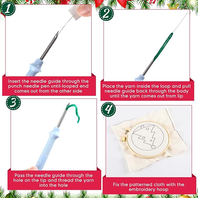 Yaomiao 6 Pcs Christmas Punch Needle Coaster Kit Embroidery Kits Punch Needle Set Craft Supplies with Patterns Yarns Tools Adhesive Felt Embroidery Hoop Instruction Holder for Adult DIY