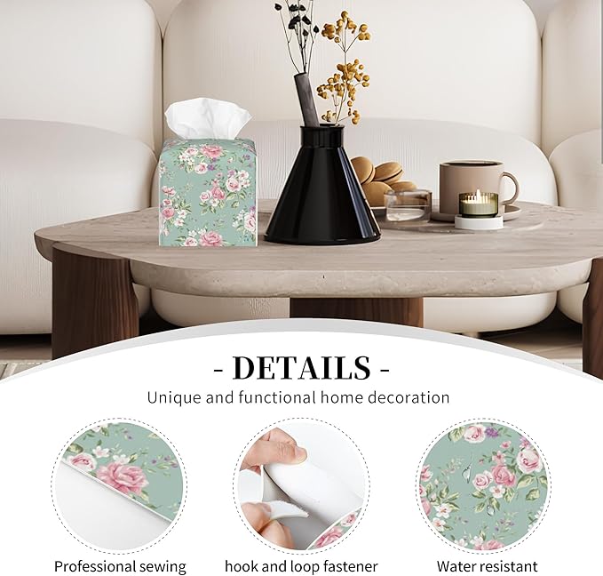POIUBLE Vintage Floral Tissue Box Cover Pink Rose Leather Tissue Box Holder Square Facial Paper Organizer Dispenser for Bathroom Kitchen Bedroom Vanity Countertop Night Stands