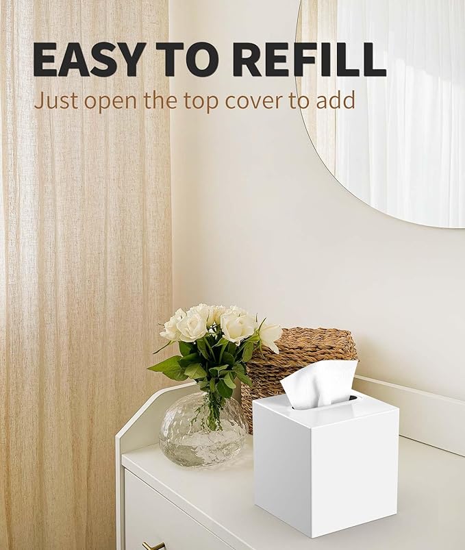 Livelab Metal Tissue Box Cover, Square Tissue Box Holder Modern Decor Facial Napkin Holder Tissue Box Dispenser for Bathroom Vanity Countertop, Living Room, Bedroom, Office | White