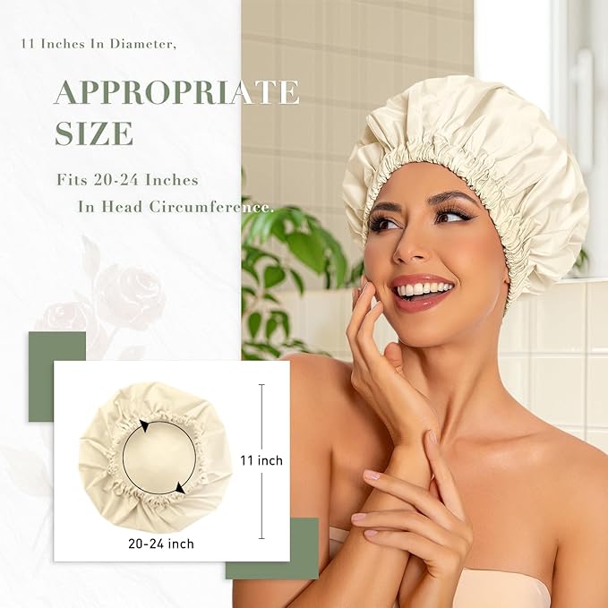 Reusable Shower Cap for Women, Large Waterproof Shower Essentials Bonnet Washable Elastic Band Bath Hair Wrap Hat for Long Hair, Braids(Champagne)