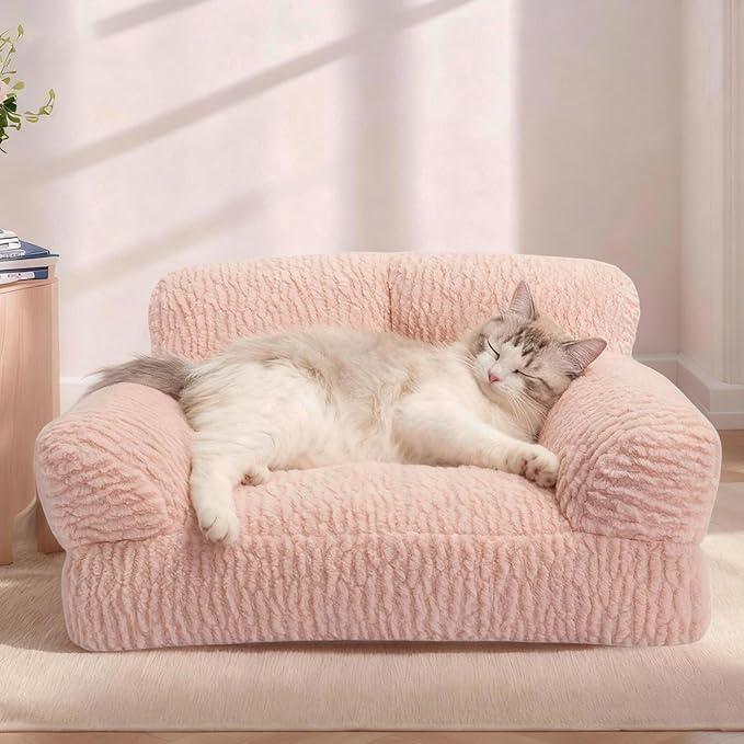 KHONSU PET Orthopedic Cat Sofa Bed - Large Plush Pet Couch for Indoor Cats, Washable Fluffy Dog & Kitty Lounge Chair with Removable Cover, Supportive Comfy Bed,24 Inch Pink