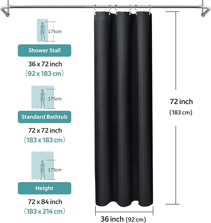 Vipfree 3 in 1 Shower Curtain Set, Waffle Shower Curtain and Liner Set with 6 Double Sided Shower Curtain Hooks, 258GSM Luxury Weighted Cloth Shower Curtains for Bathroom, 36 W x 72 H, Black