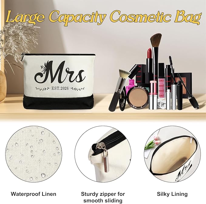 Vanqruo Mrs 2026 Canvas Tote Bag for Bride with Cosmetic Bag, Bride Gifts for Bridal Shower, Wedding Gifts for Bride to Be, Engagement, Bachelorette Party, Honeymoon, Miss to Mrs