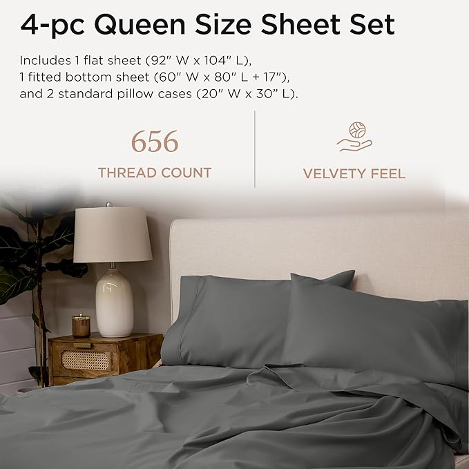 Threadmill Supima Cotton Sheets Queen | 656 Thread Count Queen Sheets for Queen Mattress | 4 Piece Luxury Bed Sheets | Sateen Weave Hotel Quality Sheet with Elasticized Deep Pocket | Dark Grey Sheet